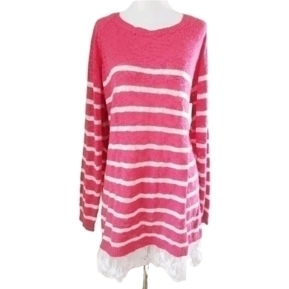 BOUTIQUE NEIMAN MARCUS STRAWBERRY STRIPE LACE TOP SZ XL - Picture 1 of 5